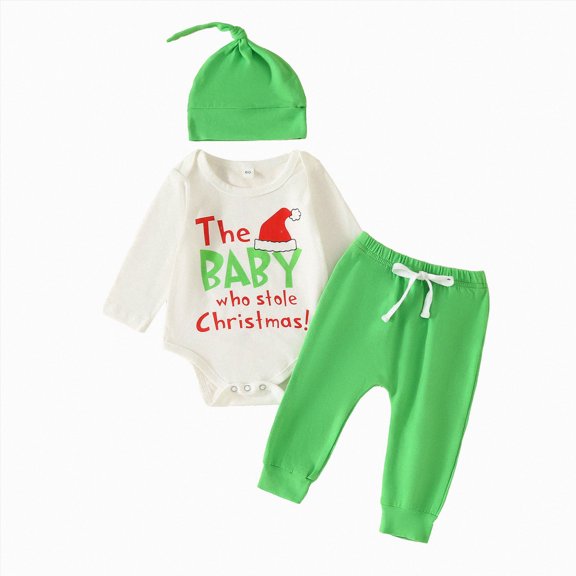 Kaprioy Baby Boy Romper Infant Baby Boy Christmas Clothes Set The Baby Who Stole Christmas Romper Velvet Pants Hat Outfits
