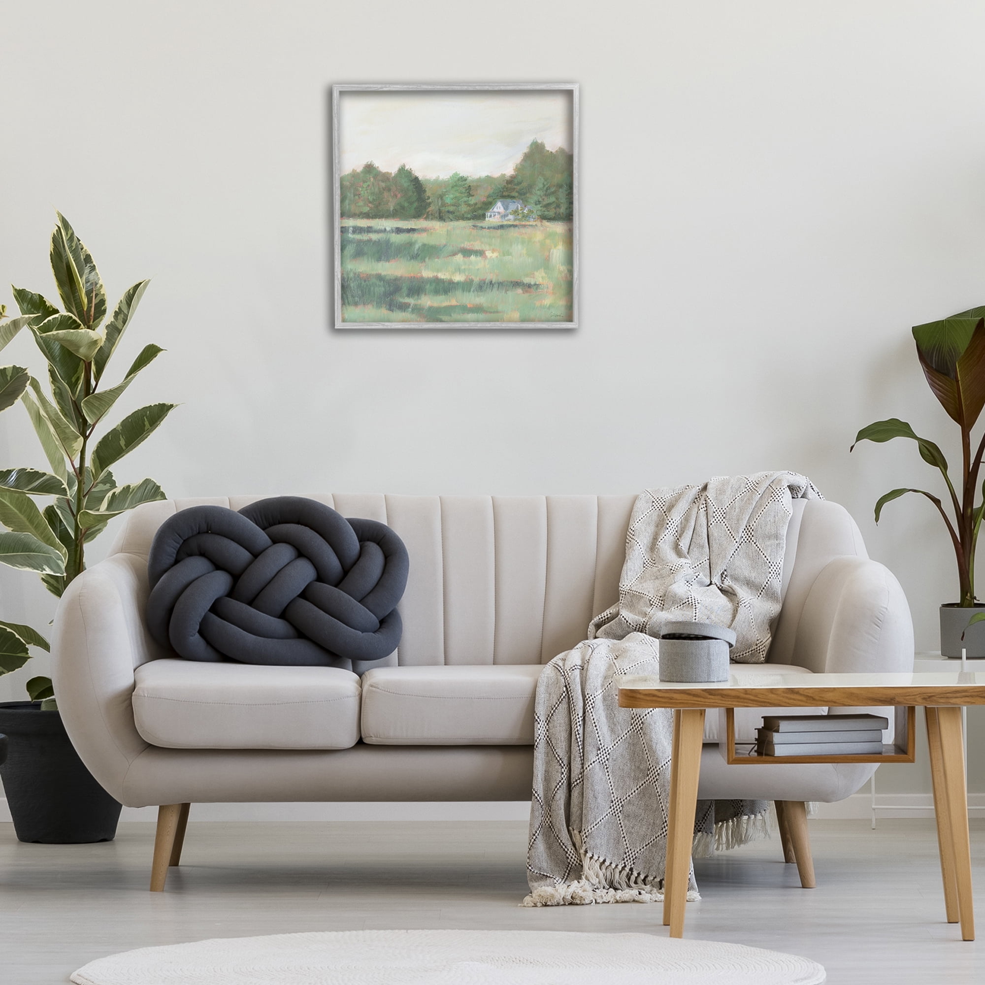 Stupell Industries Farmhouse Across Meadow Landscape Painting Gray Framed Art Print Wall Art, 24 x 24