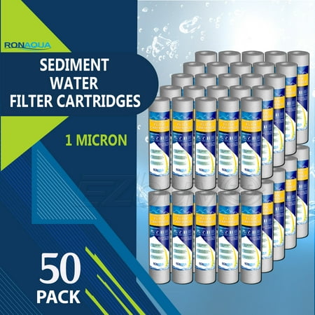 

Sediment Water Filter Cartridge by Ronaqua 10 x 2.5 Four Layers of Filtration Removes Sand Dirt Silt Rust made from Polypropylene (50 Pack 1 Micron)