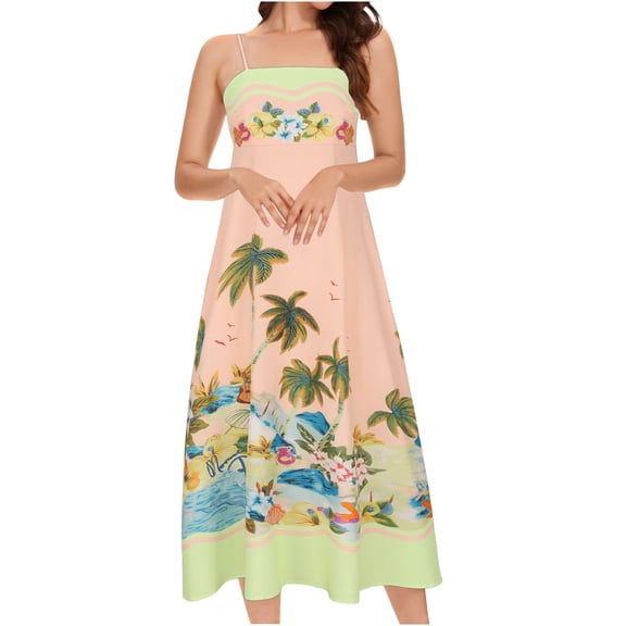 PuLe Summer Dress Women Boho Graffiti Cami Long Dress Graphic Spaghetti Strap Flowy Swing Maxi Dress Square Neck Print A Line Sundress