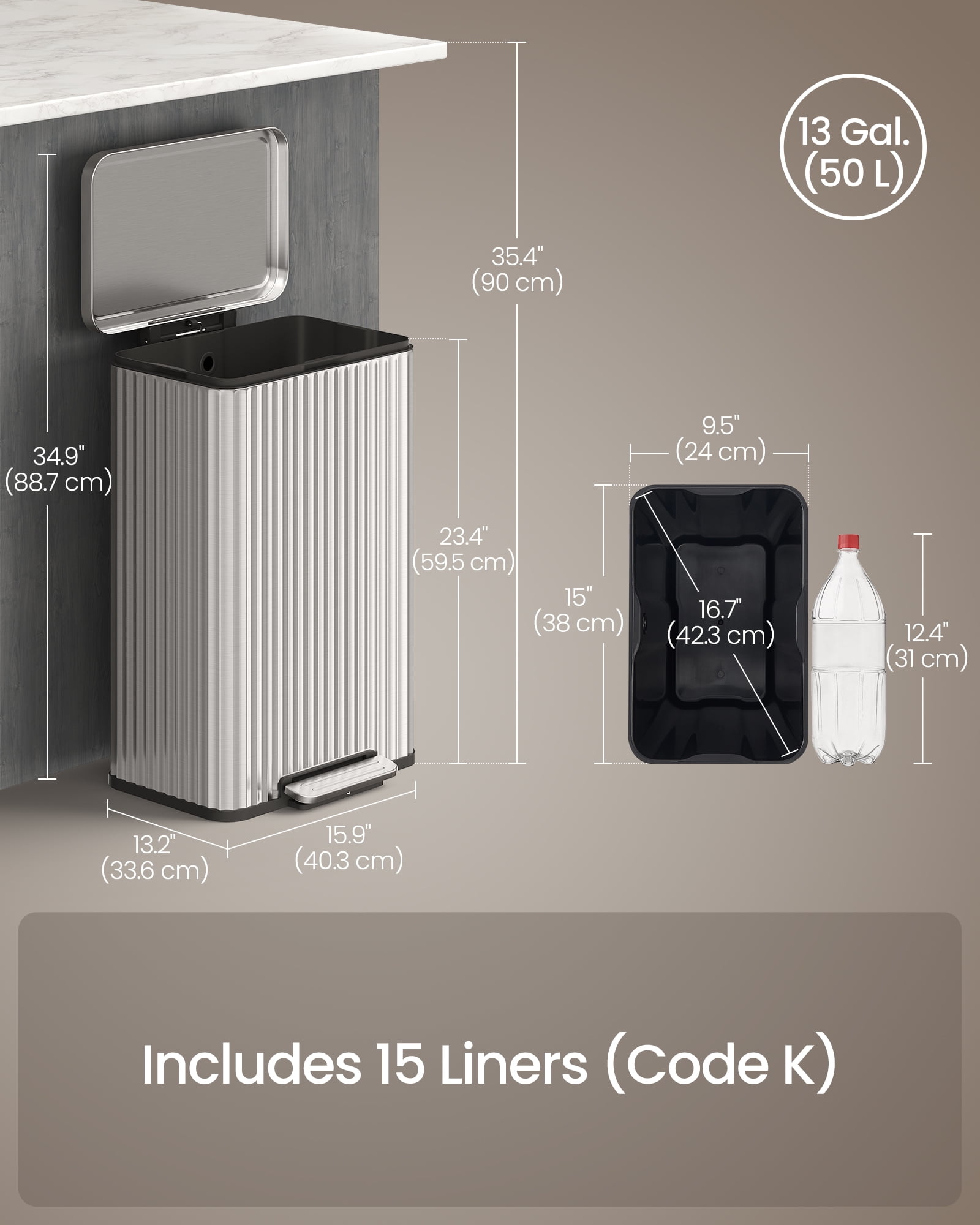 SONGMICS Trash Can, 13 Gallon (50 L) Garbage Can with Lid,Pedal,Removable Inner Bucket, Soft Close,15 Trash Bags Included,Metallic Silver