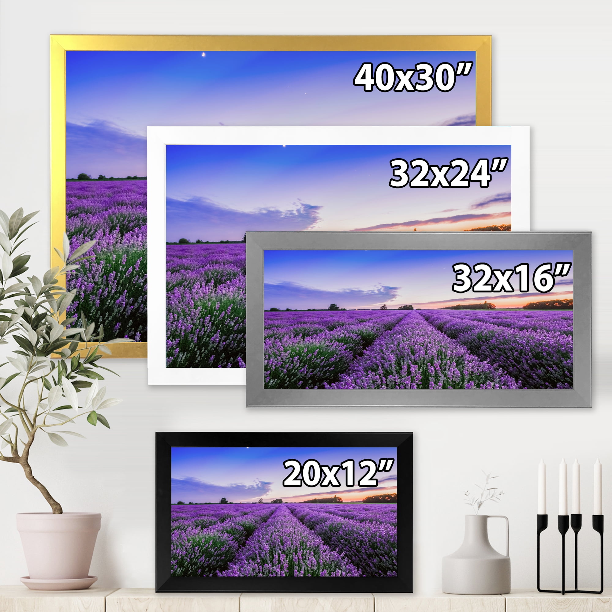 Designart 'Dramatic Clouds and Sunrise Over Lavender Field II' Farmhouse Framed Art Print