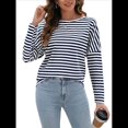 thumbnail image 2 of Camisas de Larga para Mujer, Blusas de Rayas con Bloques de Color, Ropa de Moda de Otoño, Blusas con Cuello Redondo Azul Marino L, 2 of 8