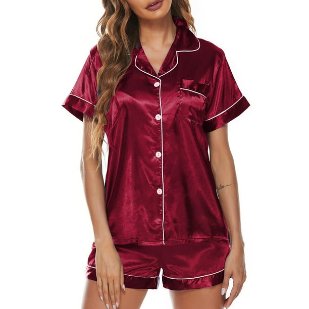 Pijamas Mujer Irfora Conjunto de pijama para mujer, manga corta, cuello con muesca, botón, pijama de satén, ropa de dormir Irfora Pijamas Mujer