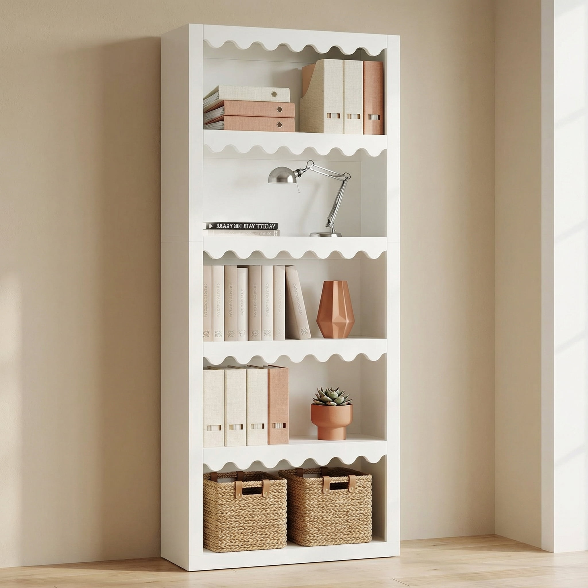 Fnova 5-Tier Open Bookcase, 70" Tall Bookshelf with Scalloped Edges, Modern Display Shelves Storage Organizer for Living Room, Home Office, White