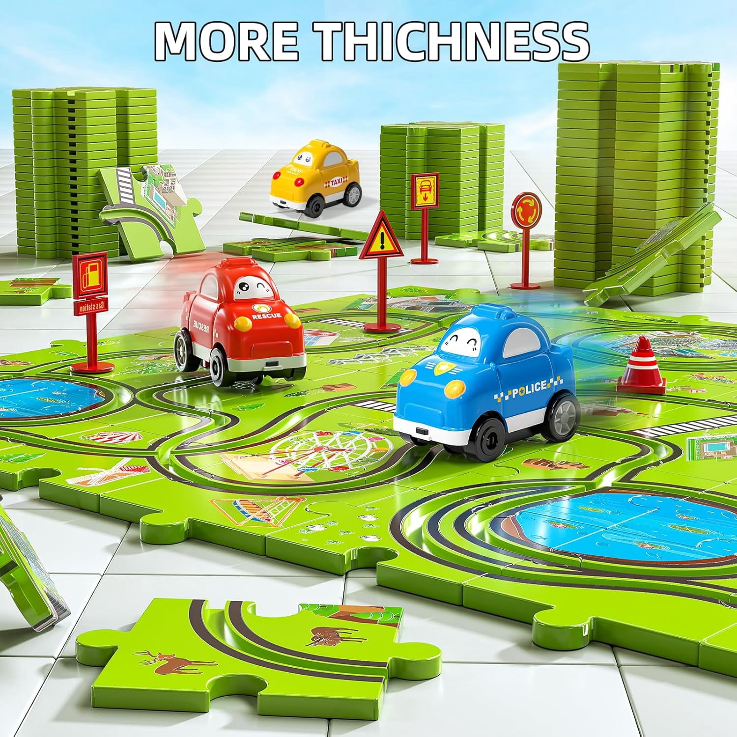 ConeWhale Puzzle Race Track Car Set City-Themed 64 Pieces with 3 Sliding Toy Cars for Ages 3+