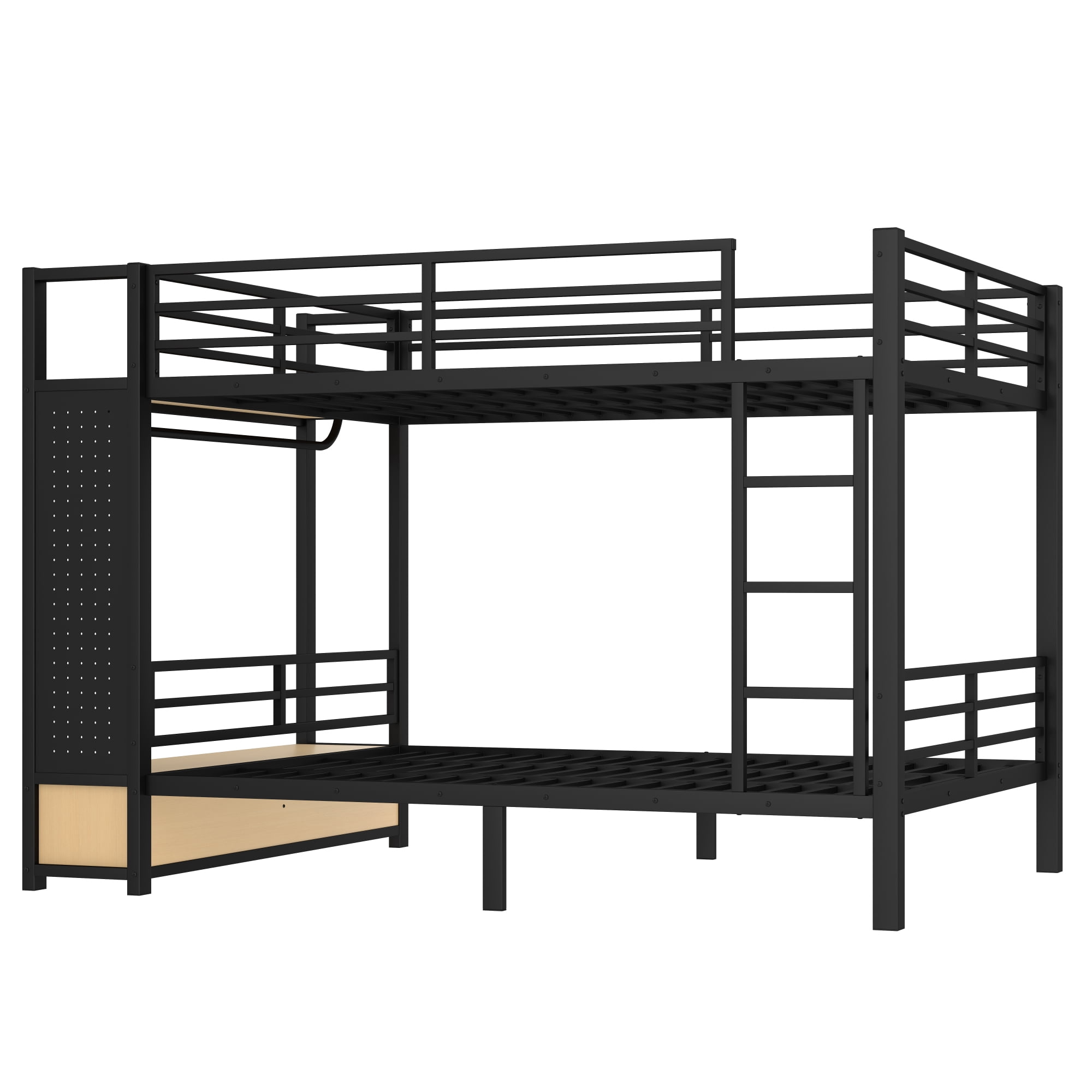 Leumius Queen over Queen Metal Bunk Bed with Built-in Wardrobe,Heavy Duty Loft Bed Frame with Storage Shelves,Drawers and Pegboard,Space-Saving,Black
