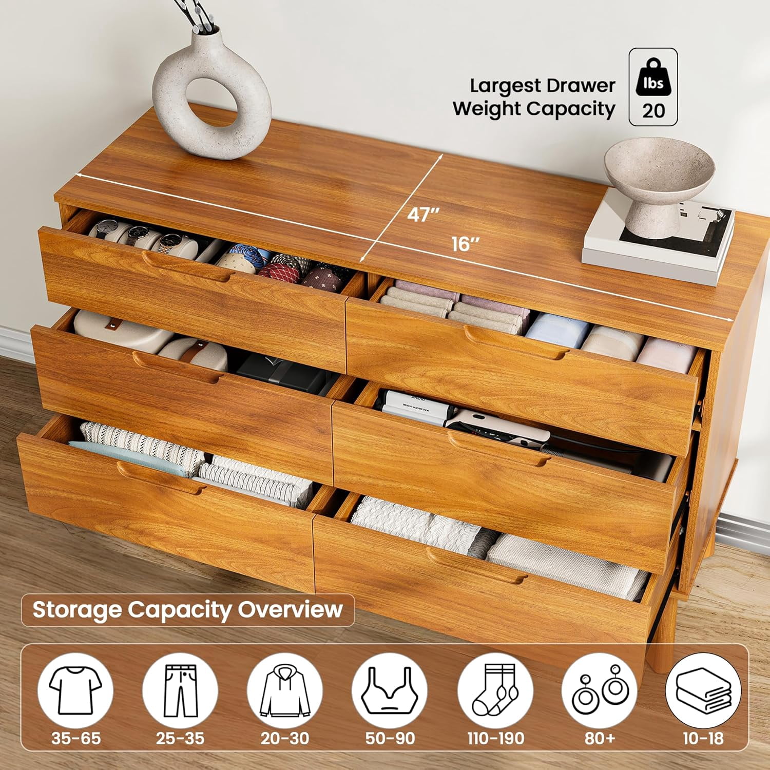 VITALOOM 47" Wide Wooden Dresser for Bedroom, Mid-Century Modern 6 Drawer Double Dresser with Walnut Wood Grain, Large Horizontal Storage Chest for Living Room, Anti-Tip Kit, Caramel