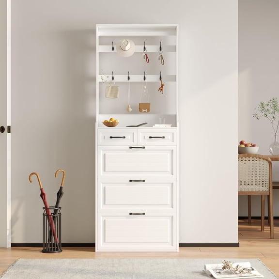 Kadyn Shoe Cabinet, Entryway Shoe Storage Cabinet with 3 Flip Doors and 2 Drawers, 2-in-1 Wooden Shoe Rack Organizer with Coat Hooks for Hallway Cloakroom, White
