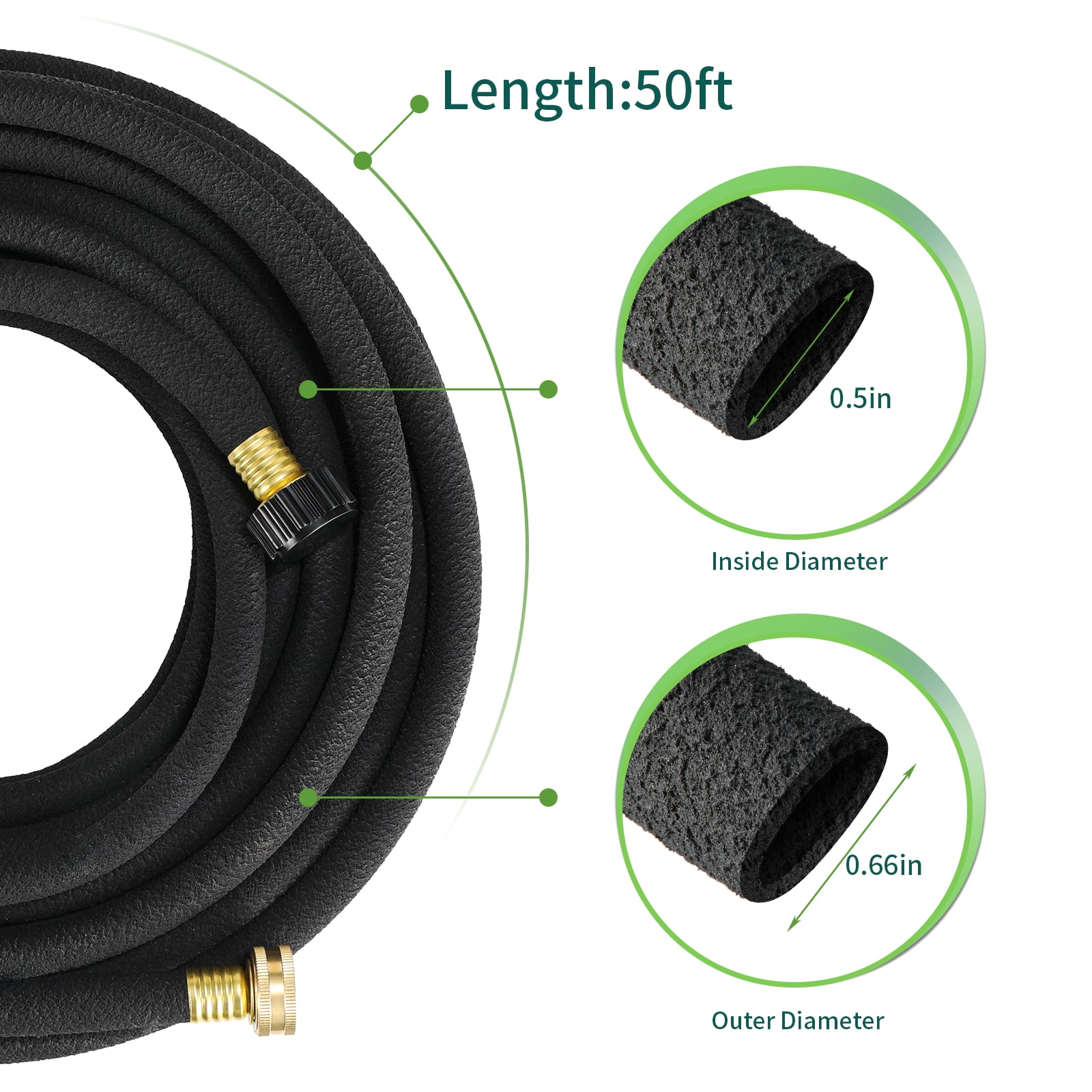 LIFERUN Soaker Hose Kit 50 ft 1/2", Rubber, Solid Brass Connectors, Heavy Duty Drip Hose to Save 70% Water, for Garden, Lawn and Yard