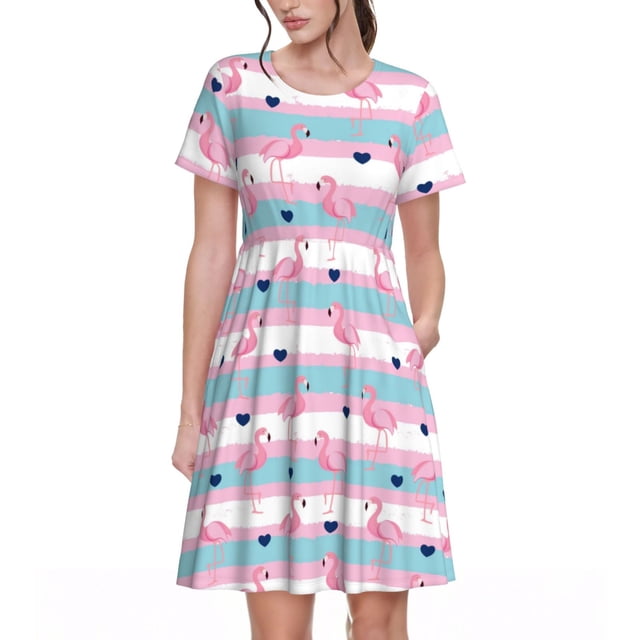 Vsdgher Flamant Rose1 pour Femmes Été 2025 Robes Midi Maxi Décontractées Légères Manches Courtes Col Rond Robe de Plage