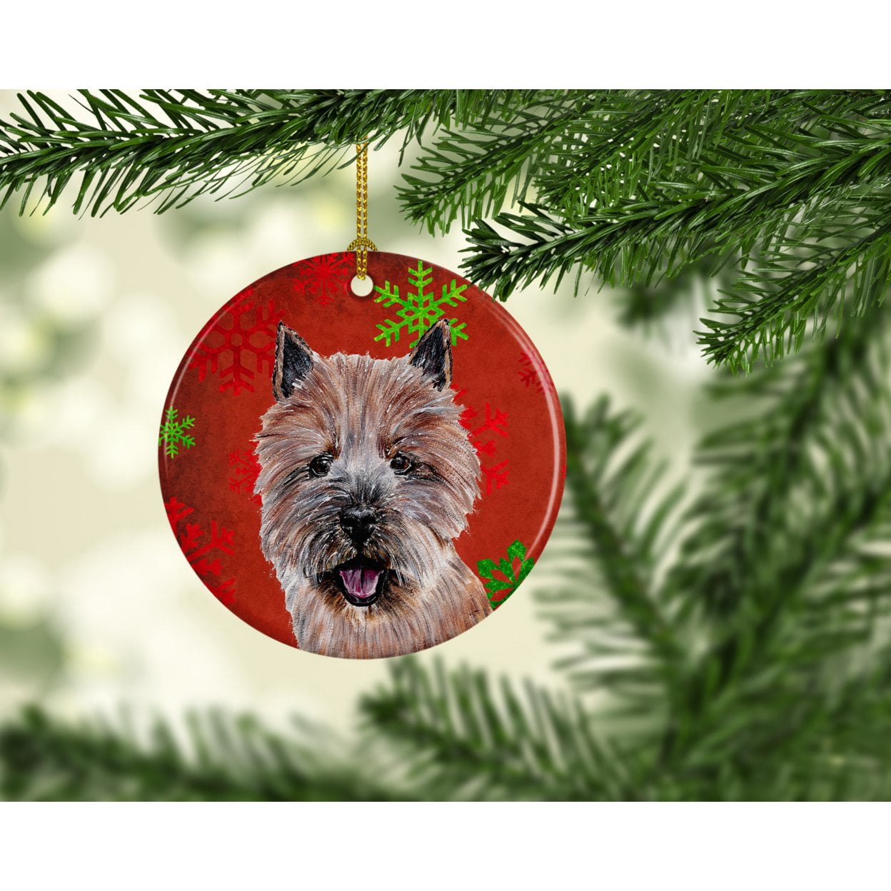 Carolines Treasures SC9758CO1 Norwich Terrier Red Snowflakes Holiday Ceramic Ornament 3 in multicolor