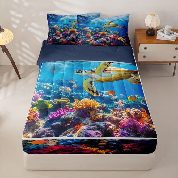 Manfei Sea Turtle Zipper Twin Comforter Sets with Fitted Sheet and 2 Pillowcases for Kids Boys and Girls, Colorful Coral Zipper Bedding Set, Navy Reversible, 4-Piece
