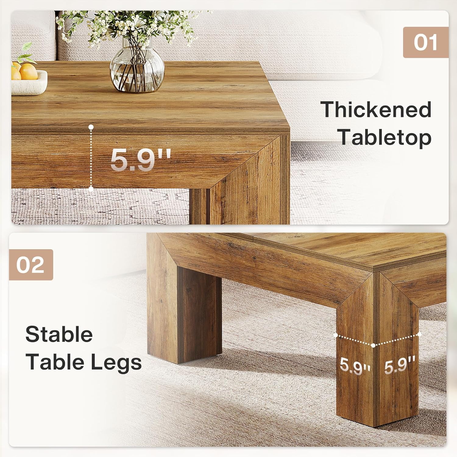 Tribesigns 39.37" Low Square Coffee Table, Farmhouse Large Tea Accent Table Center Table for Living Room(Rustic Brown)