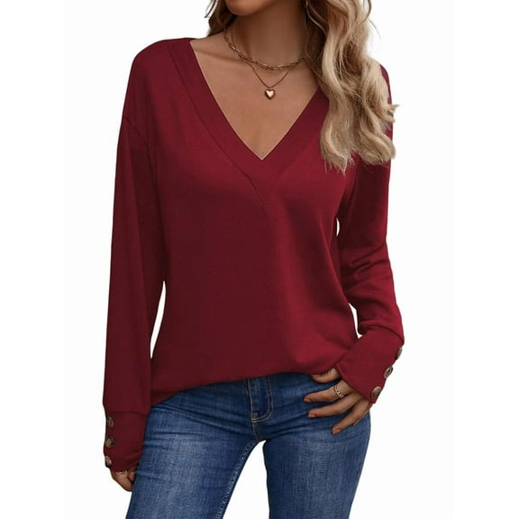 Long Sleeve Shirt for Women Fall Outfits Dressy Casual Fashion Clothing V Neck Tunic Tops with Button Wine Red S