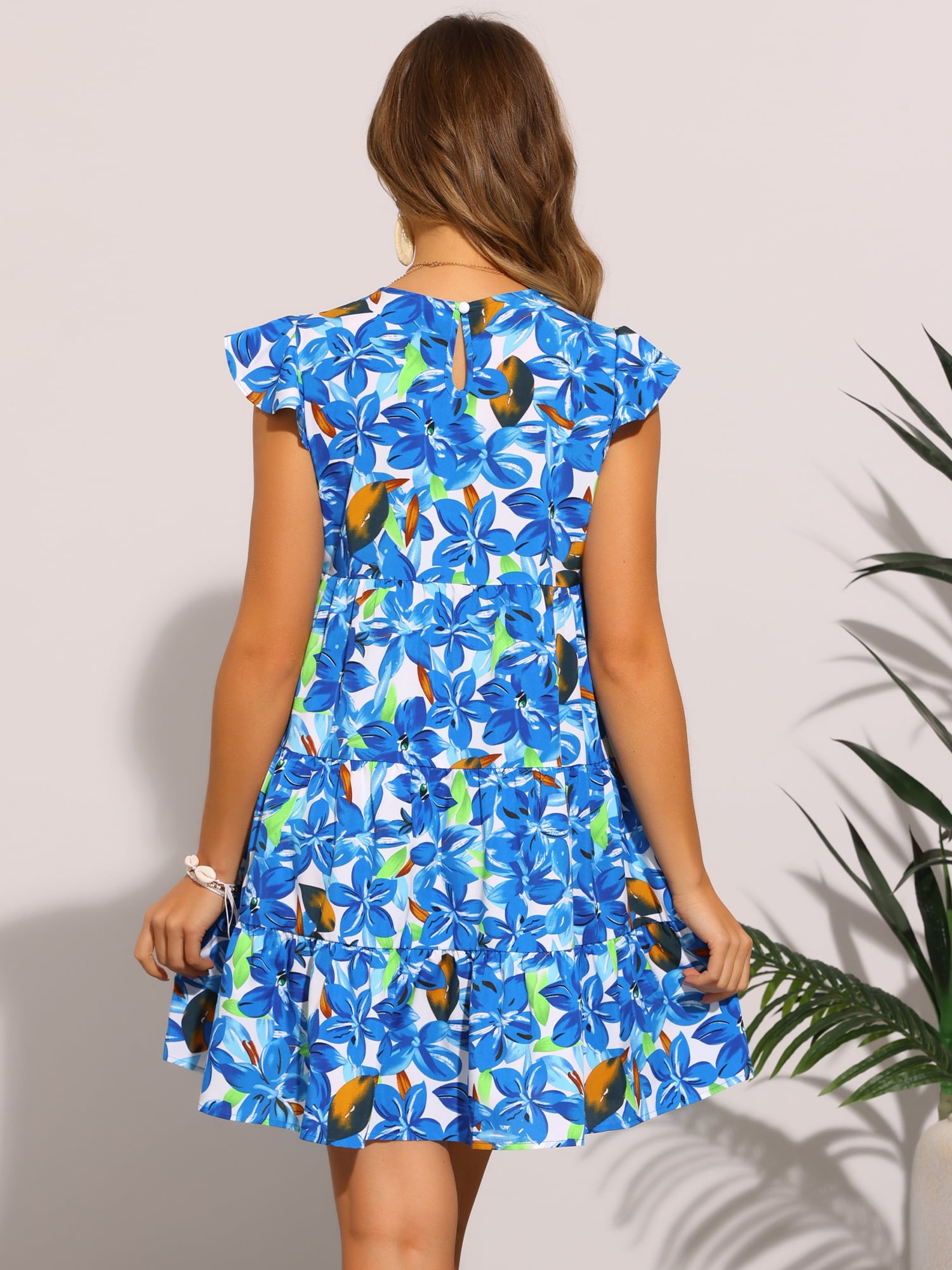 DARING DIVA Women's Summer Short Sleeve Crew Neck A-Line Floral Mini Dress L Blue