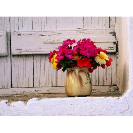 Window Ledge Seating Flowers in Vase on Window Ledge, Megala Horafia, Greece Print Wall Art By Trevor Creighton ()