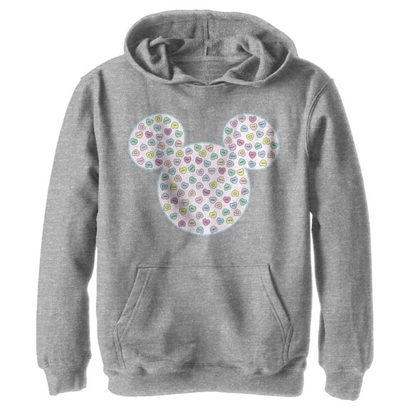 Boy's Mickey & Friends Candy Hearts Filled Logo Pull Over Hoodie Athletic Heather Large