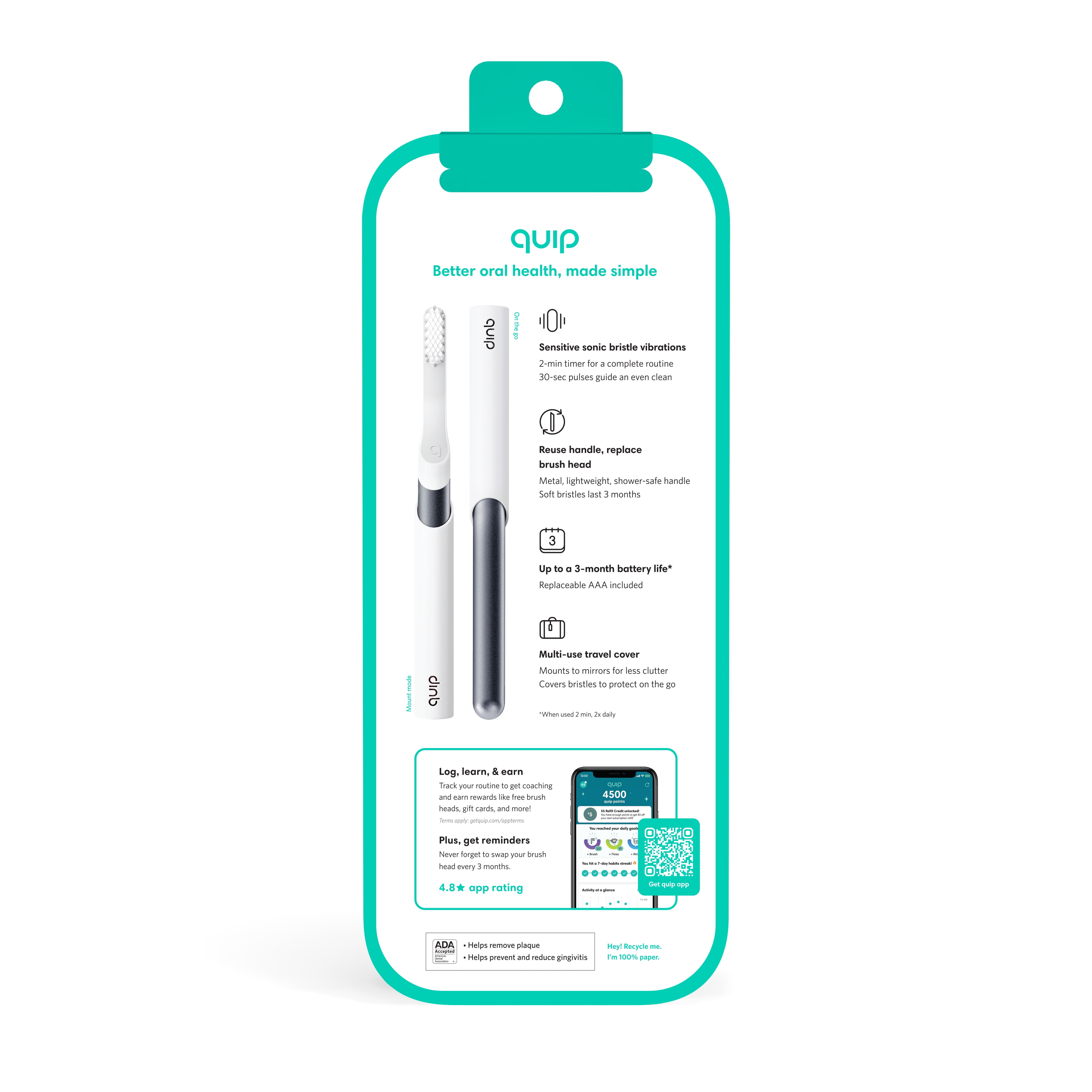quip Sonic Battery Electric Toothbrush, Slate Metal