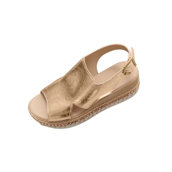 Casual Women's Wedge Sandals Plus Size Solid Color Round Toe Open Toe Buckle Sandals, Metallic Espadrille Slides