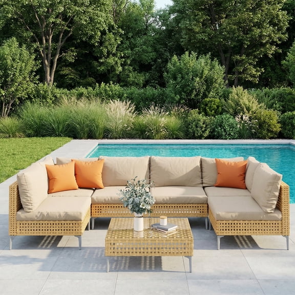 EVERITE 7-Piece Steel Frame Weatherproof Outdoor Conversation Sets with Assemble Instruction and Parts, Beige Cushion/Natural Wood Frame
