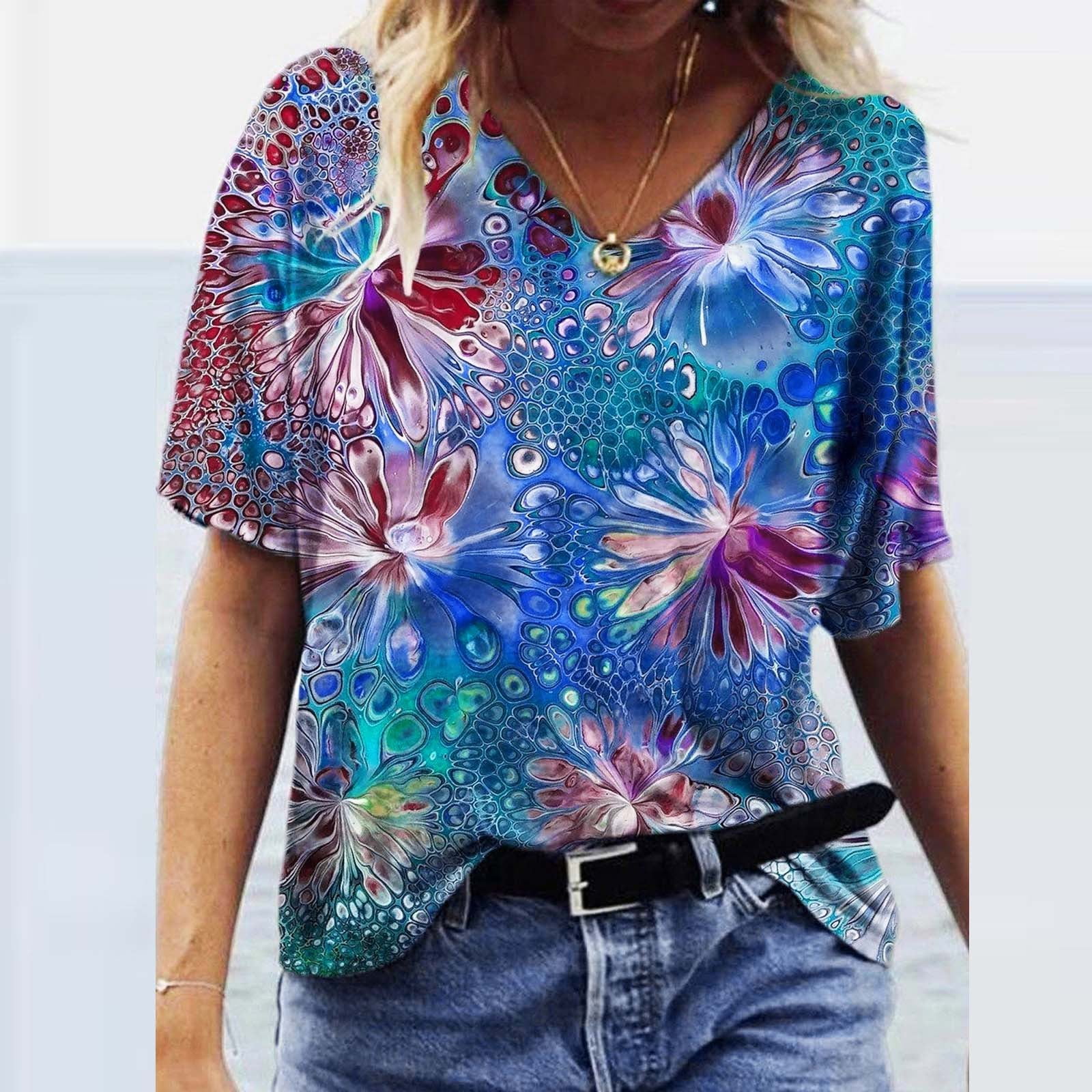 Womens Summer Tie-Dyed Print V Neck Summer Casual Short Sleeve T Shirts Tops 