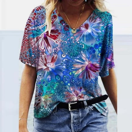 

Moxiu Womens Summer Tops Fashion Women s Summer Colorful Print Short Sleeve Crew-Neck T-Shirts Blouses Casual Tees Tops