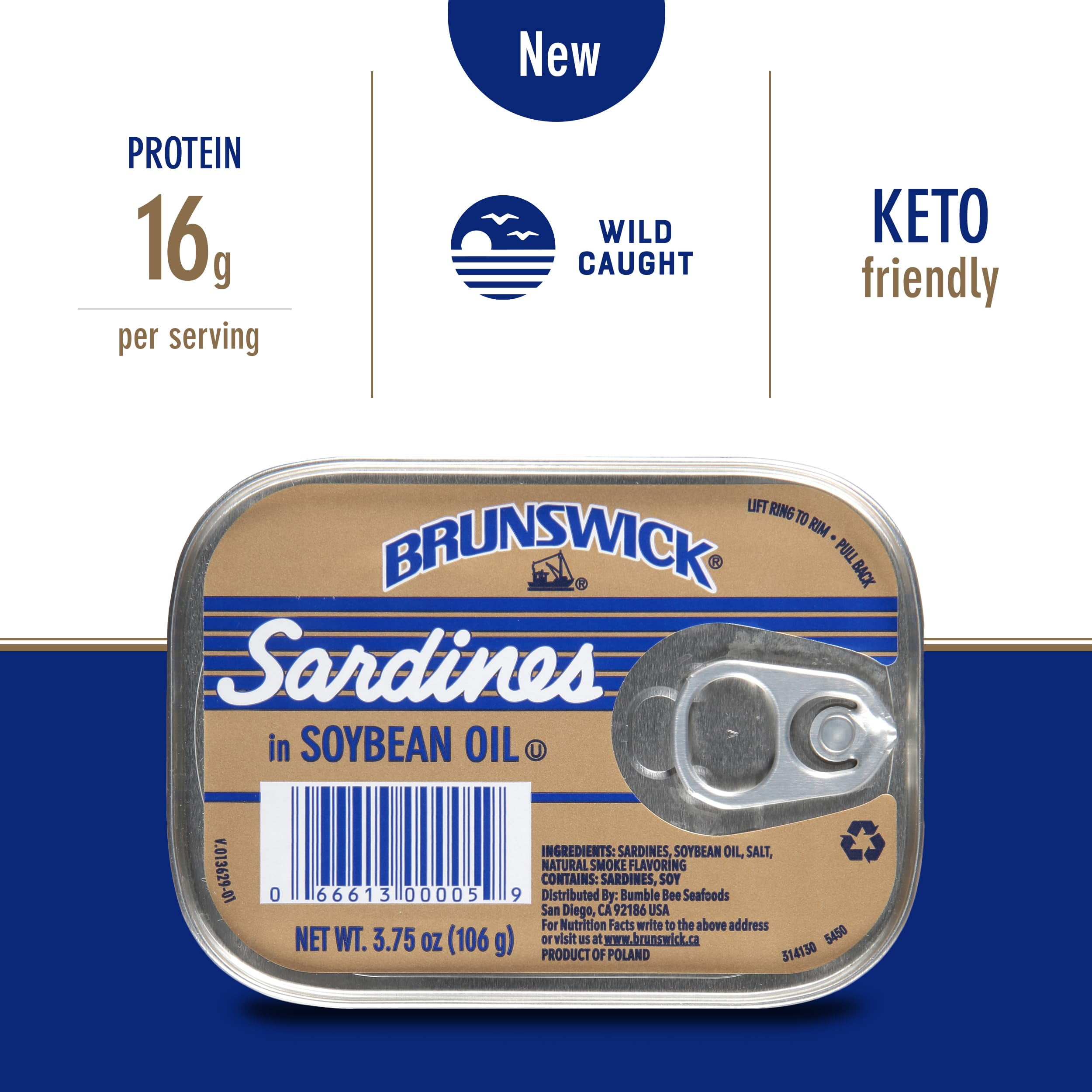 Brunswick Wild Caught Sardines in Soybean KKS1&nbsp;Oil, 3.75 oz Can (Pack of 12) - 14g Protein per Serving - Gluten Free, Keto Friendly, Kosher