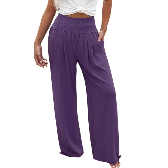 Likimi Womens Pants High Waist Solid Color Pockets Elastic Waist Comfort Casual Trousers Purple Size S