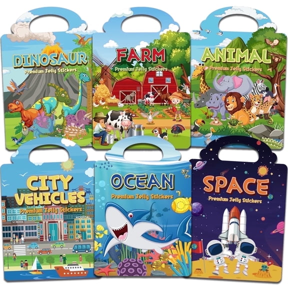6 Sets Reusable Jelly Sticker Books for Toddlers 3-8, Sticker Books for Toddler, Travel Activity Toys for Kids 3-8 Year Girls Boys