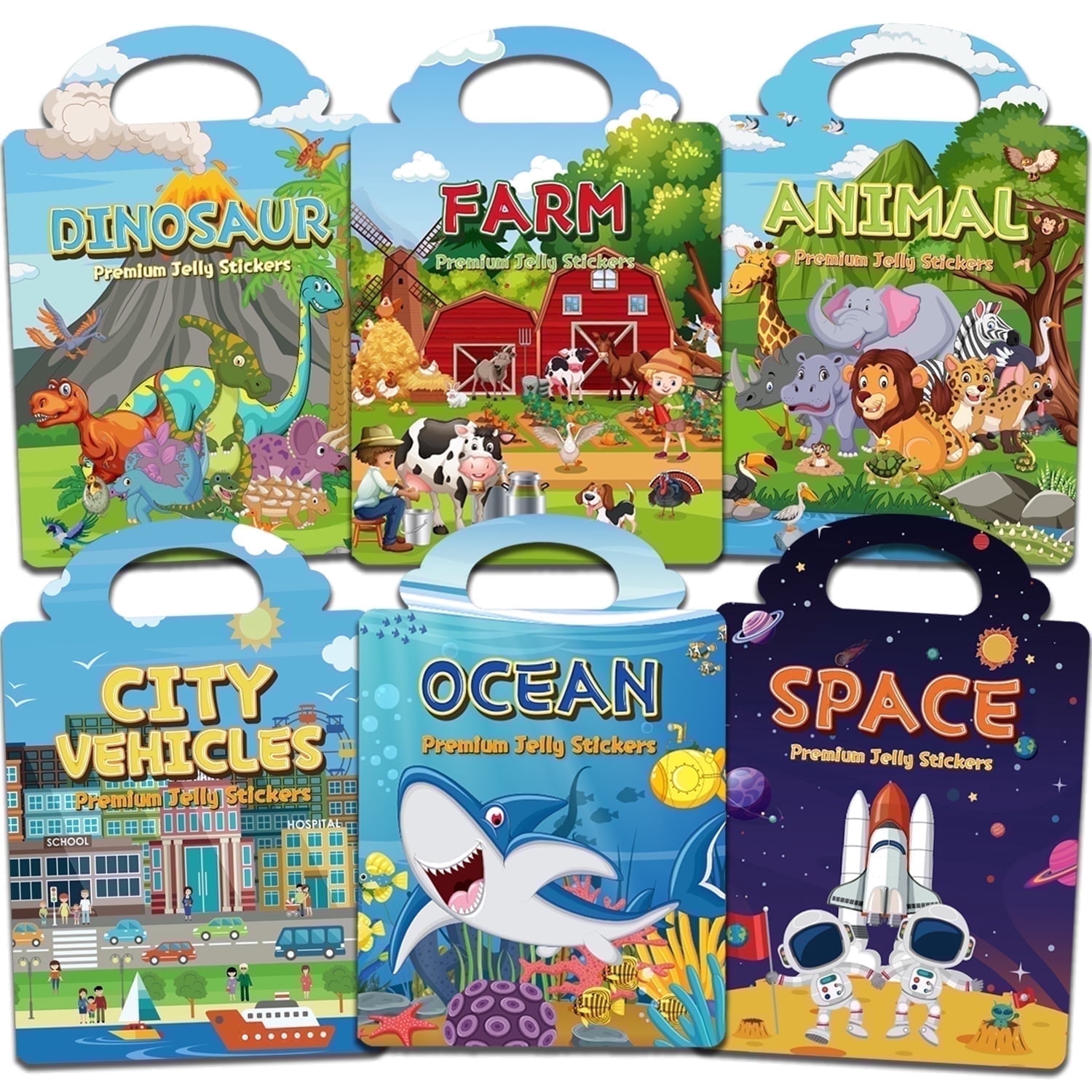 CREATIVETREES 6 Sets Reusable Jelly Sticker Books for Toddlers 3-8, Sticker Books for Toddler, Travel Activity Toys for Kids 3-8 Year Girls Boys