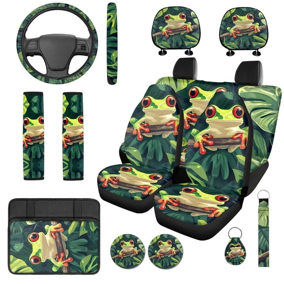 Uorisanigo Cute Frog 14 Pack Automobile Seat Cover Sets Car Steering Wheel Cover and Cars Headrest Cover Center Console Cover and Seat Belt Pads Water Cup Coaster Soft Elastic for Car SUV