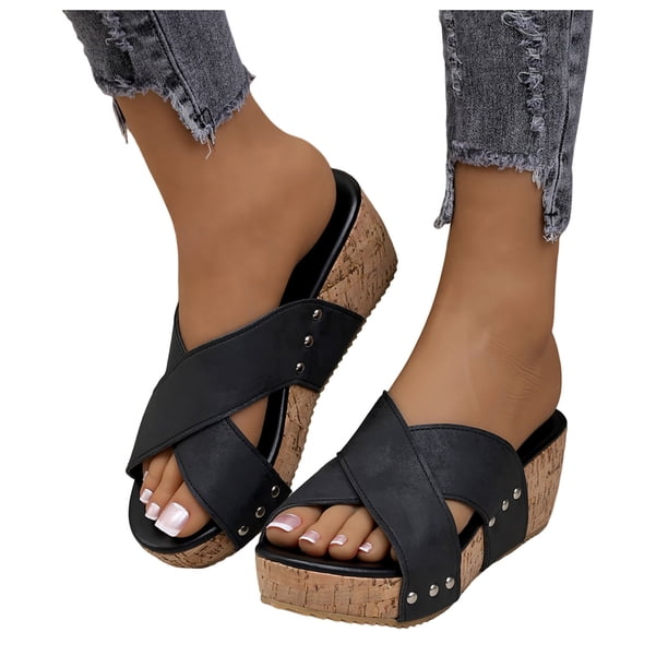 Bmisegm Women Summer Solid Slip on Casual Open Toe Wedges Comfortable Beach Shoes Sandals Slippers Sandals Women Summer Black 8