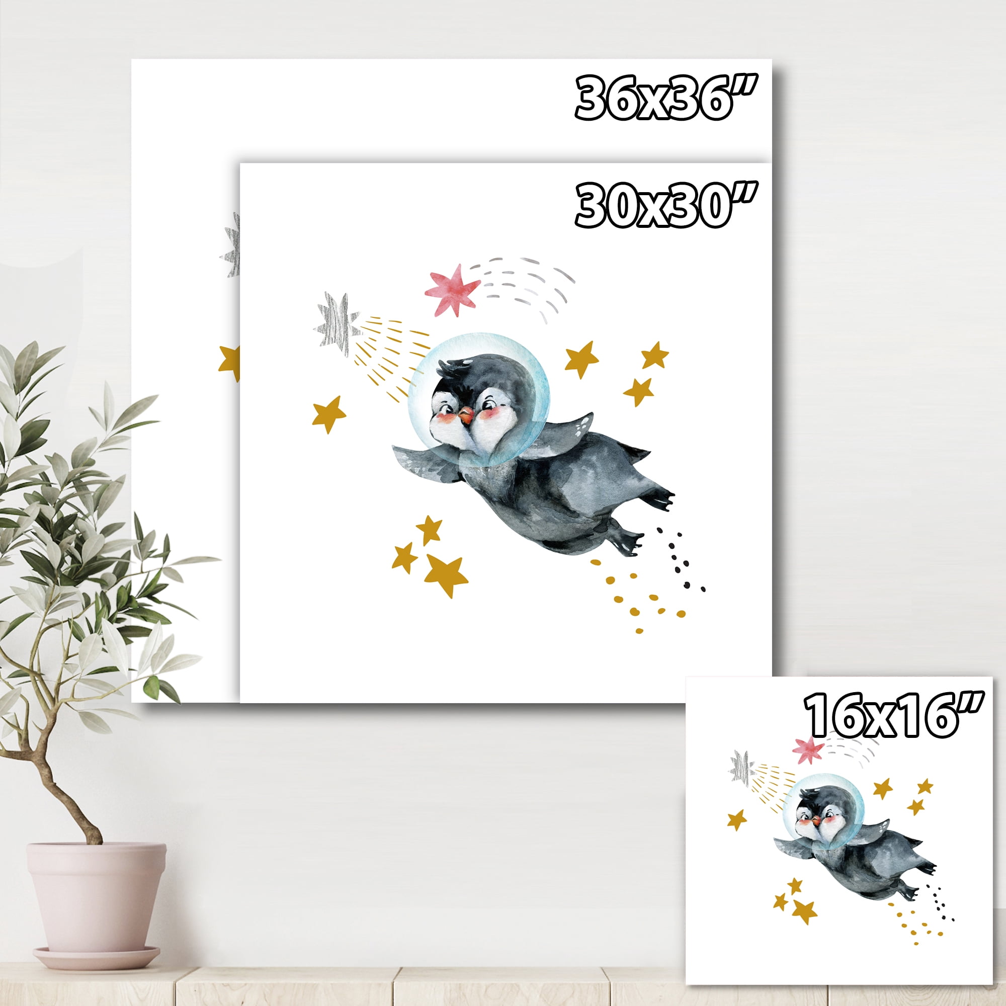 Designart ' Little Penguin Flying Planets and Stars I ' Farmhouse Canvas Wall Art Print