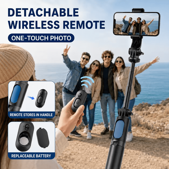 Extendable Selfie Stick with Detachable Wireless Remote, Foldable Phone Holder with Adjustable Angle for Travel Photos, Group Pictures and Video Recording