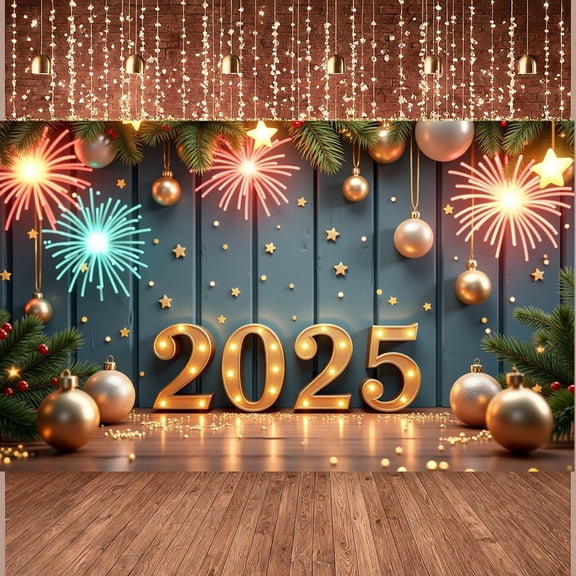 Lighted Numbers 2025 New Year Banner Golden Ornaments Festive Display Colorful Fireworks Navy Blue Background Holiday Backdrop for New Year Party Holiday Celebration Christmas Event