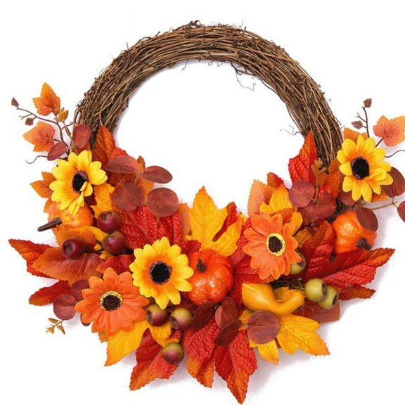 Fall Wreath, Large Autumn Sunflowers Harvest Wreath, Pumpkins, Artificial Flower and Maple Leaves, Front Door Wall Wreath for Indoor Outdoor Halloween Thanksgiving Door Hanger Decorations