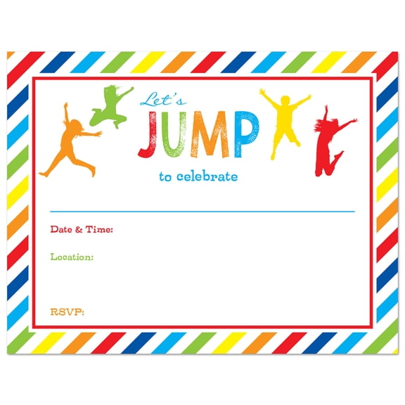 Jump, Bounce and Trampoline Fill-In Birthday Invitations and Envelopes - 24 count
