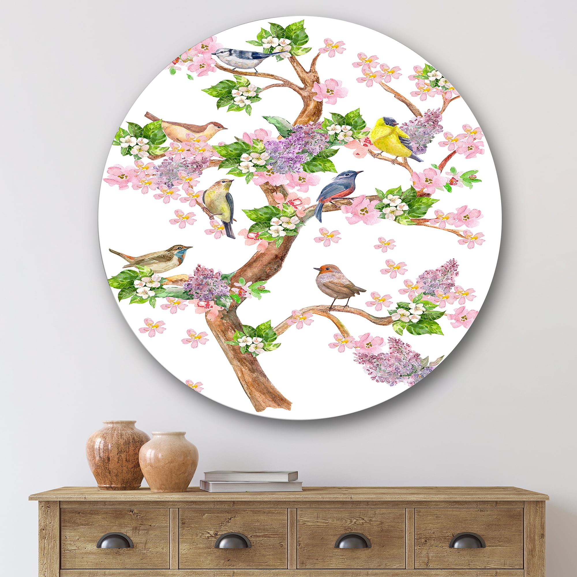 Designart 'Tree With Colorful Birds Sitting On Flowering Branches' Traditional Circle Metal Wall Art 36x36 - Disc of 36