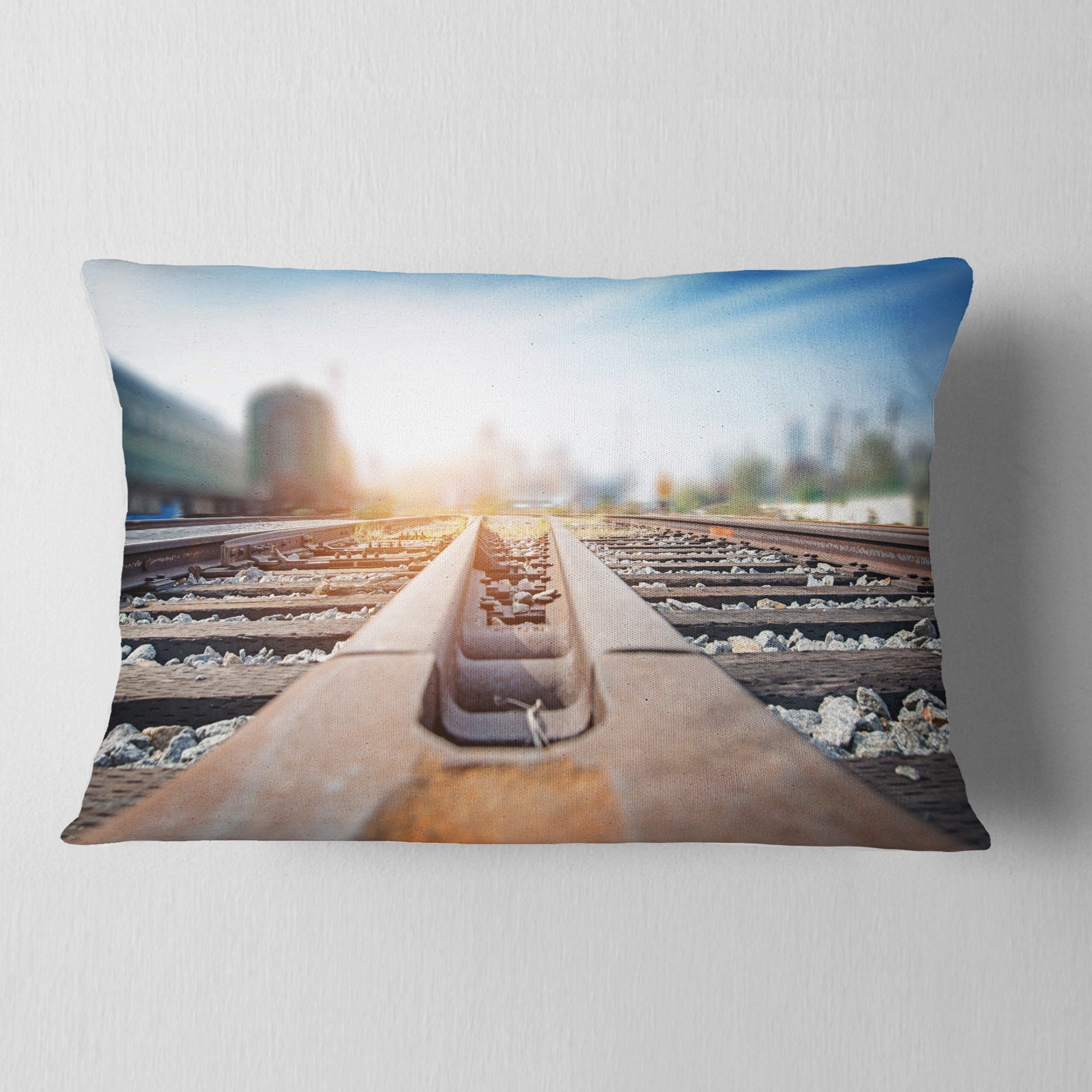Designart Cargo Train Platform with Container - Landscape Photography Throw Pillow - 12x20