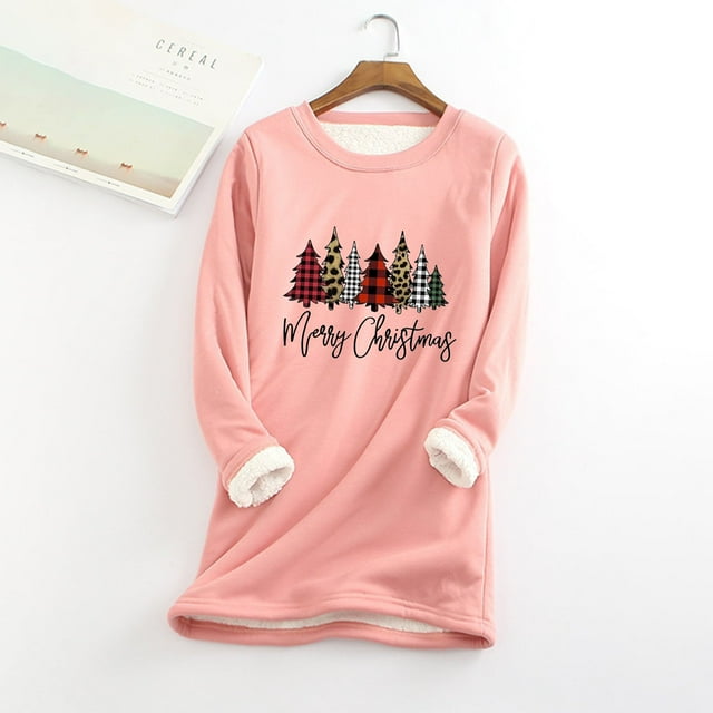 Chandail à Capuchon Chemises pour Femmes et Hiver Mode Décontractée Tempérament Peluche Chaude sous-Couche Imprimé de Noël Pull Manches Longues Col Rond Haut Grande Taille Tenues d'Automne pour Femmes en Liquidation
