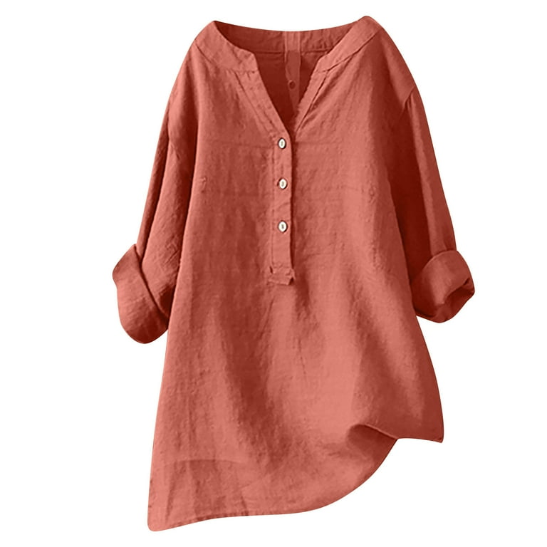 CHGBMOK Women s Linen Blouse High Low Shirt V Neck Roll Up Sleeve Tops Walmart