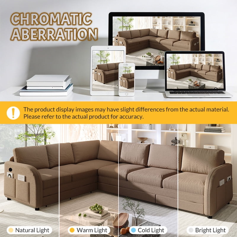 L-Shaped Sectional Sofa with Pull Out Bed, 115.2'' Convertible Sleeper Sofa with Reversible Chaise, USB Charging Ports & Side Pockets, Oversized 6-Seat Sofa Couch for Living Room