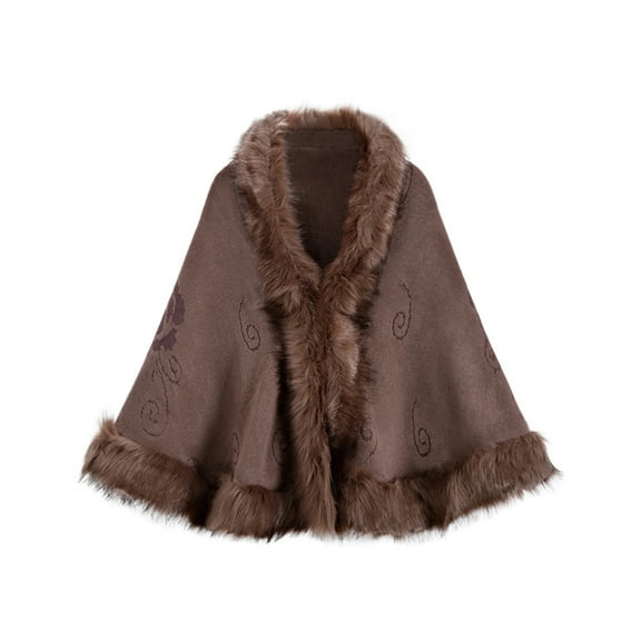 Faux Fur Shawl for Women Fur Cape Poncho with Fur Trim Solid Open Front Faux Fur Wrap Khaki One Size