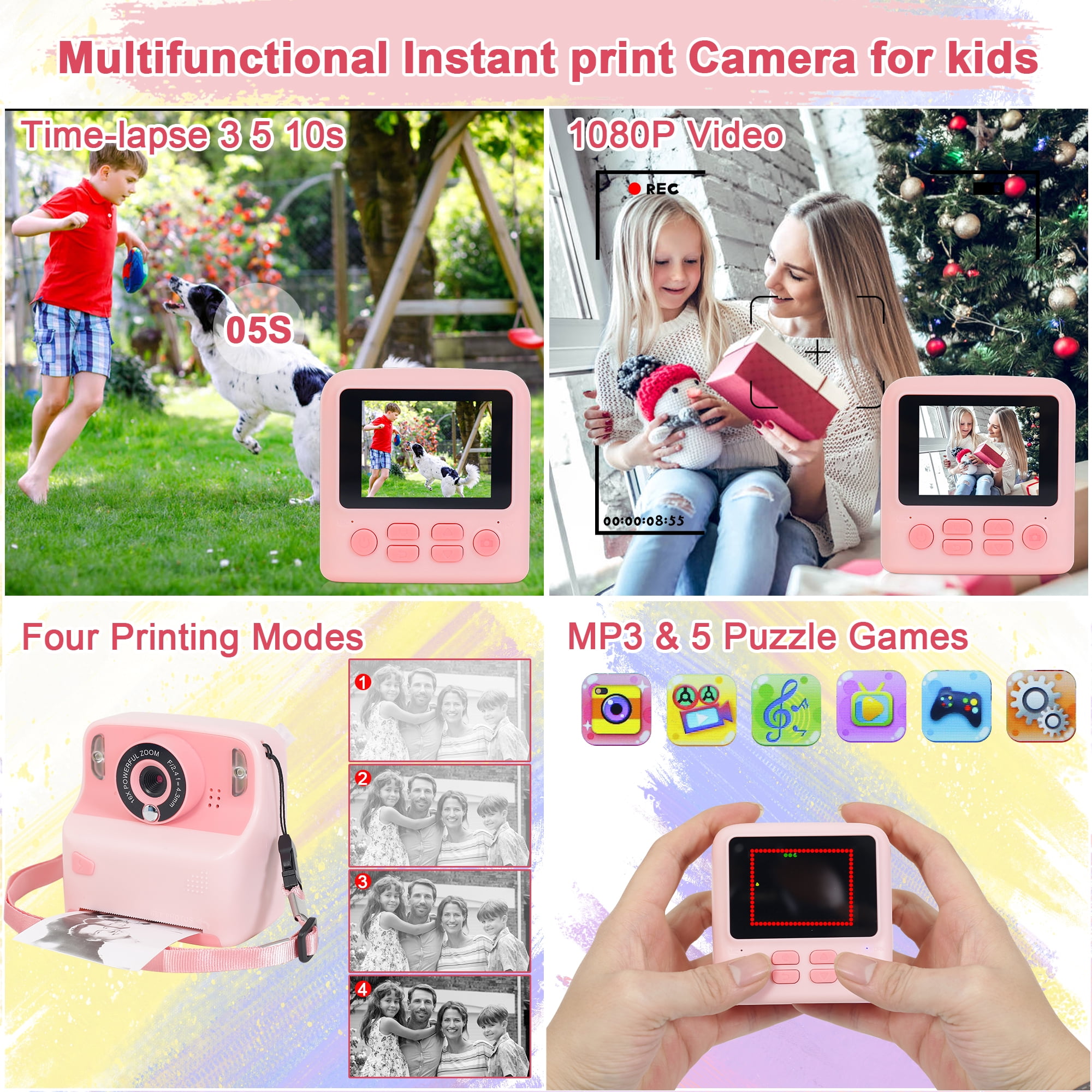 Yexmas Instant Print Digital Kids Camera 1080P Rechargeable HD Digital Toy Cameras Gift with 32G SD Card for Age 3-12, Pink