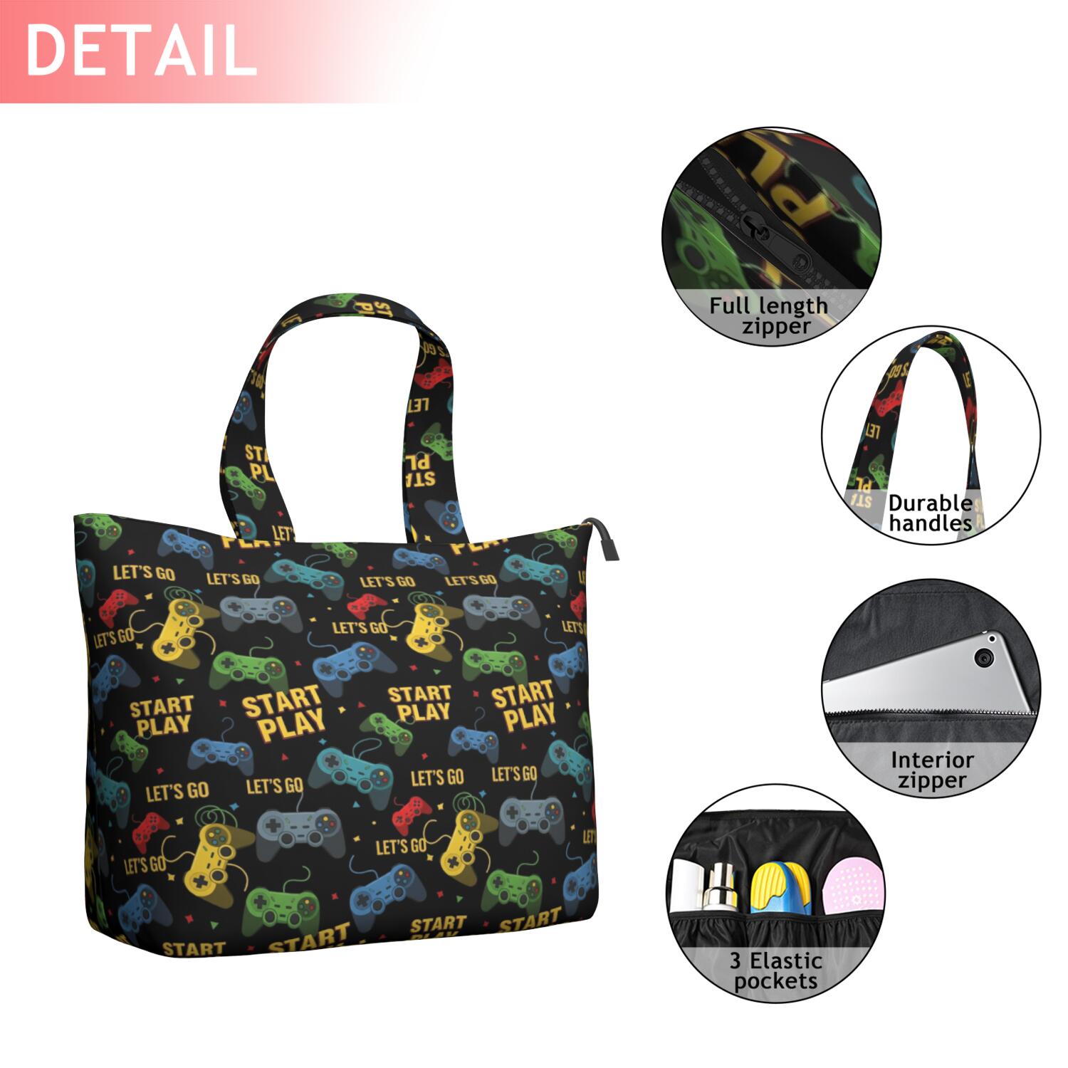 Colorful Controllers Games Texts Black Pattern Travel Tote Bags for Women Carry On,Large Weekender Bags for Women Travel,Multi Functional Duffle Bag for Work,Shopping,Sports