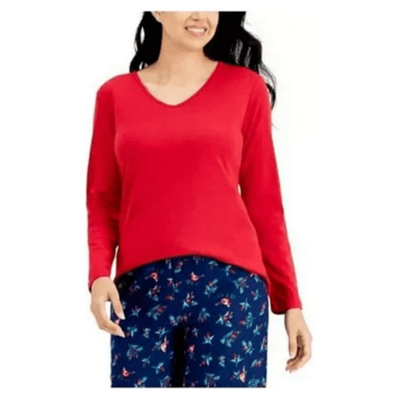 Charter Club Women's Long Sleeve V-Neck Pajama T-Shirt Cotton-Polyester Red - S