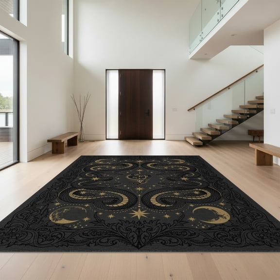 Design&I 8'x10' Washable Area Rug Round Gothic Witchy Serpent Tarot Motifs Moody Goth Witch Snake Flowing Dynamic for Dining Room, Large Office, Lounge, Snag-Free