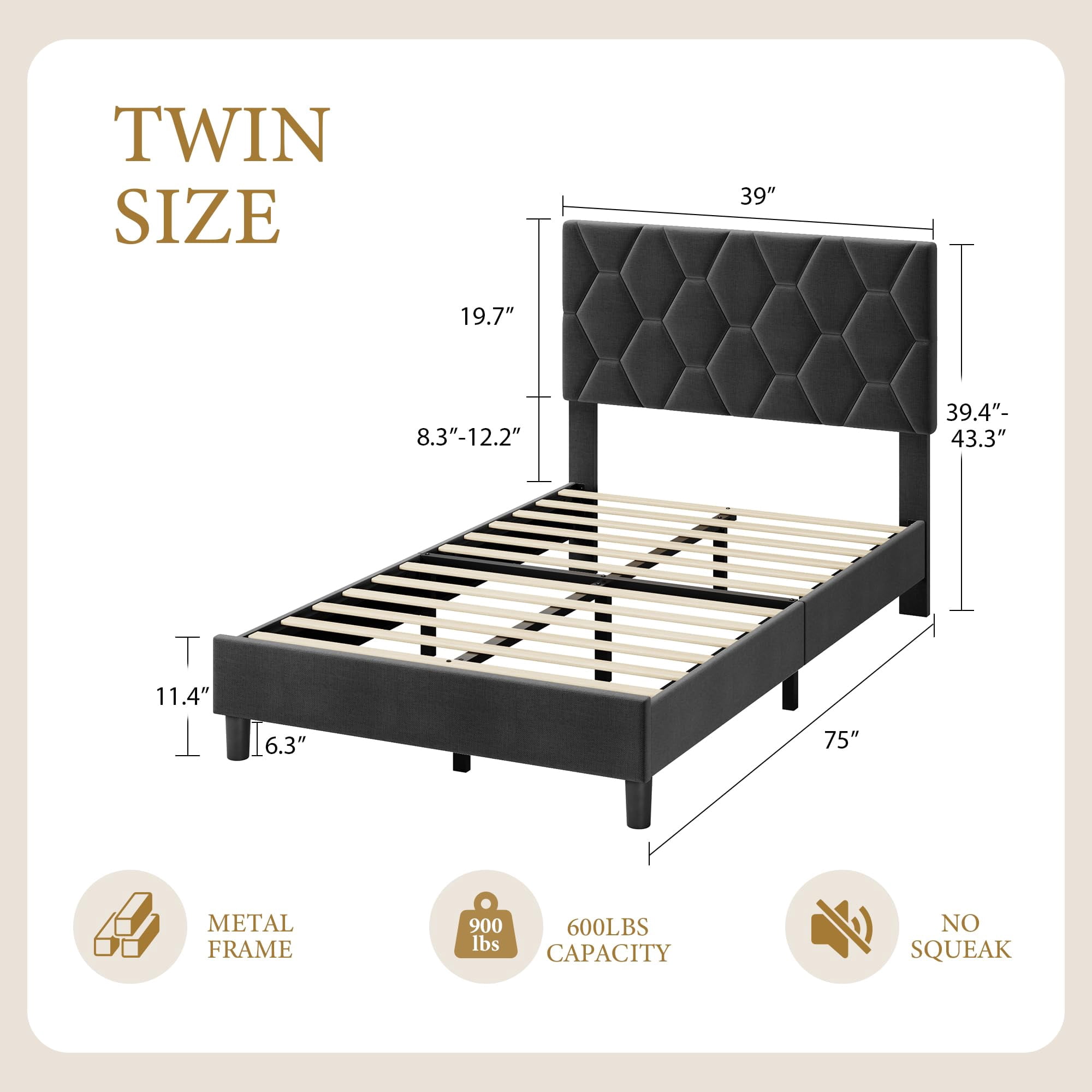 Twin Bed Frame with Upholstered Headboard, Upholstered Bed Frame, Heavy-Duty Platform Bed Frame with Adjustable Headboard