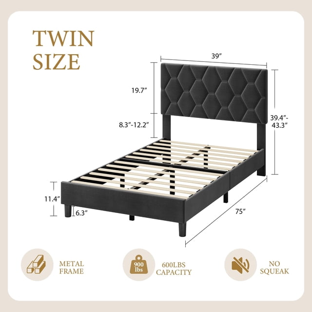 GloryStar Twin Bed Frame with Upholstered Headboard, Upholstered Bed Frame, Heavy-Duty Platform Bed Frame with Adjustable Headboard, Strong Wood Slat Support/No Box Spring Needed/Noise Free